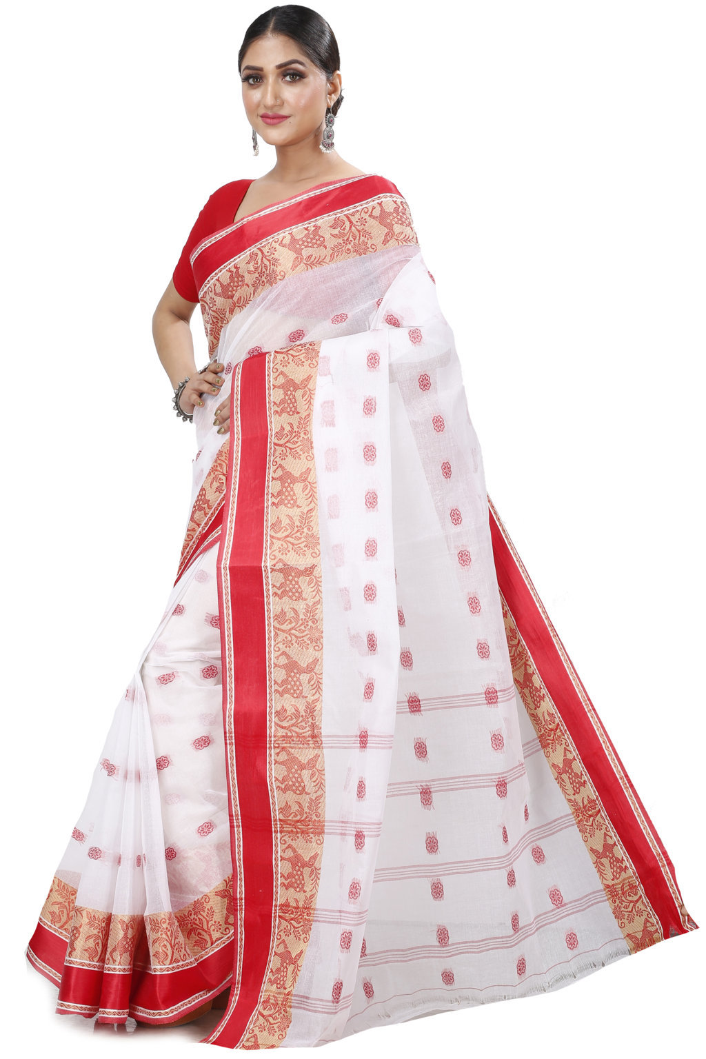 White Red Pure Cotton Sadasob Tant Saree (1027)